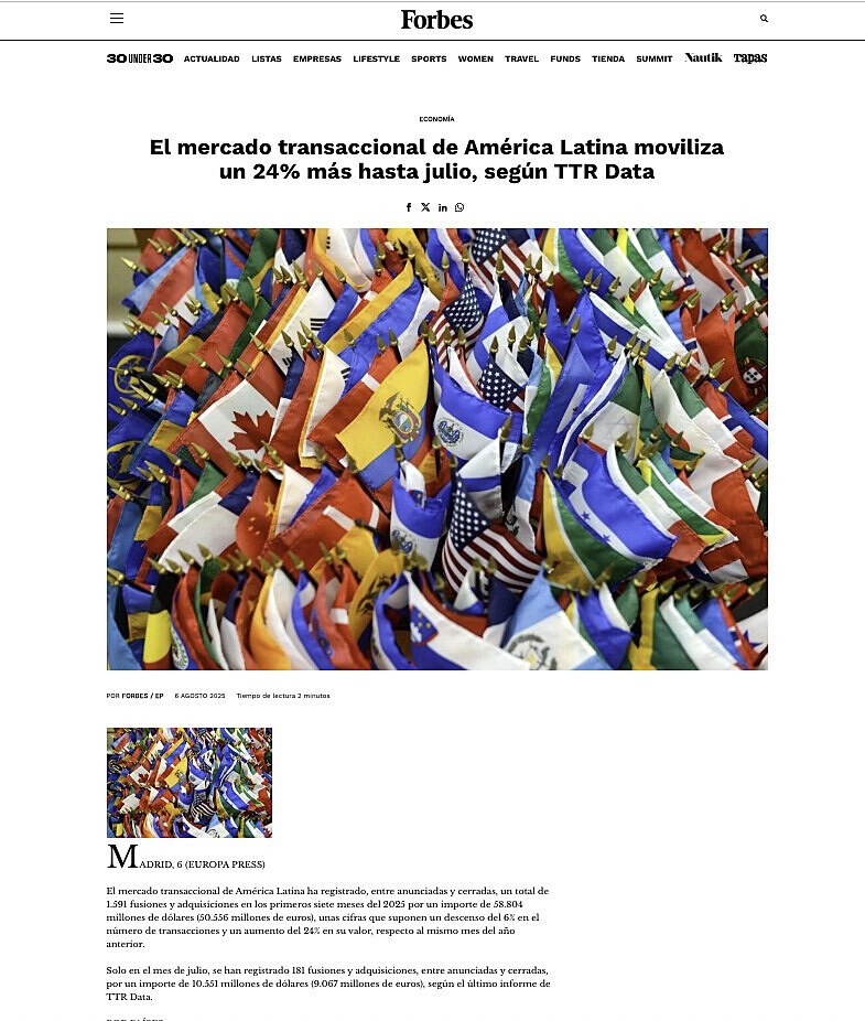 El mercado transaccional de Amrica Latina moviliza un 24% ms hasta julio, segn TTR Data
